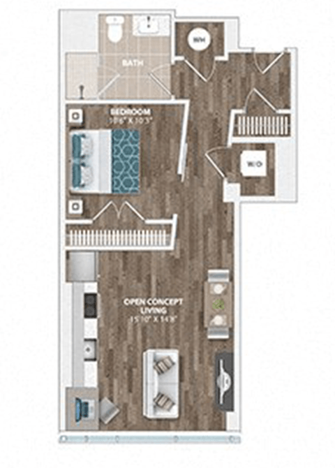 Floor plan for 1 bed, 1 bath, 644 sqft